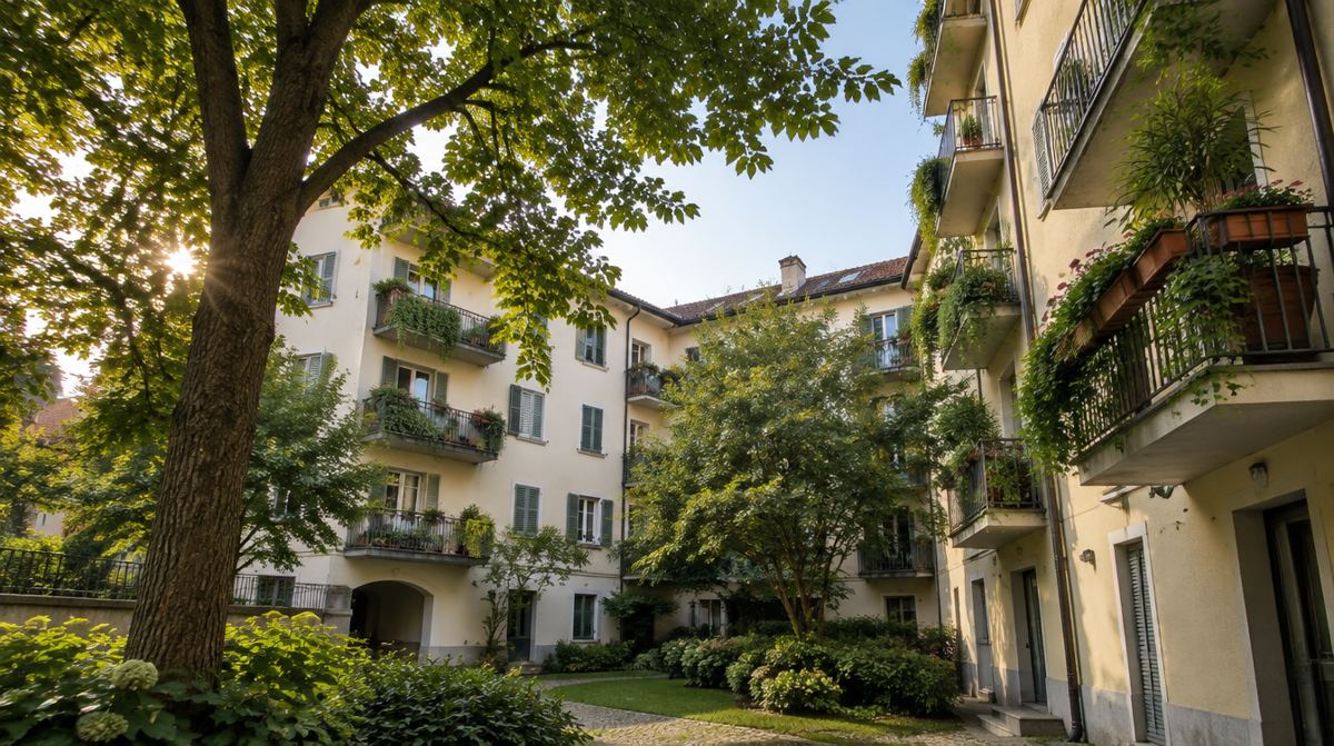 Cortile interno di un condominio con alberi e balconi fioriti