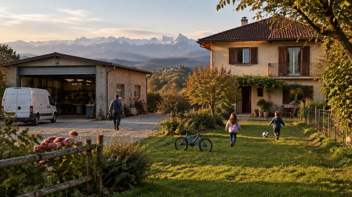 Piccola azienda di famiglia con il capannone accanto alla casa, bambini che giocano in giardino e le Alpi sullo sfondo